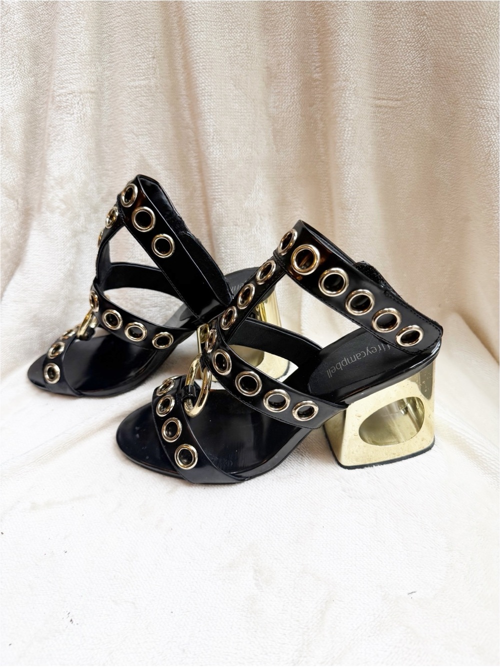 NWOT Black Patent Grommet-Detail Block Heel Sandals with gold heel
